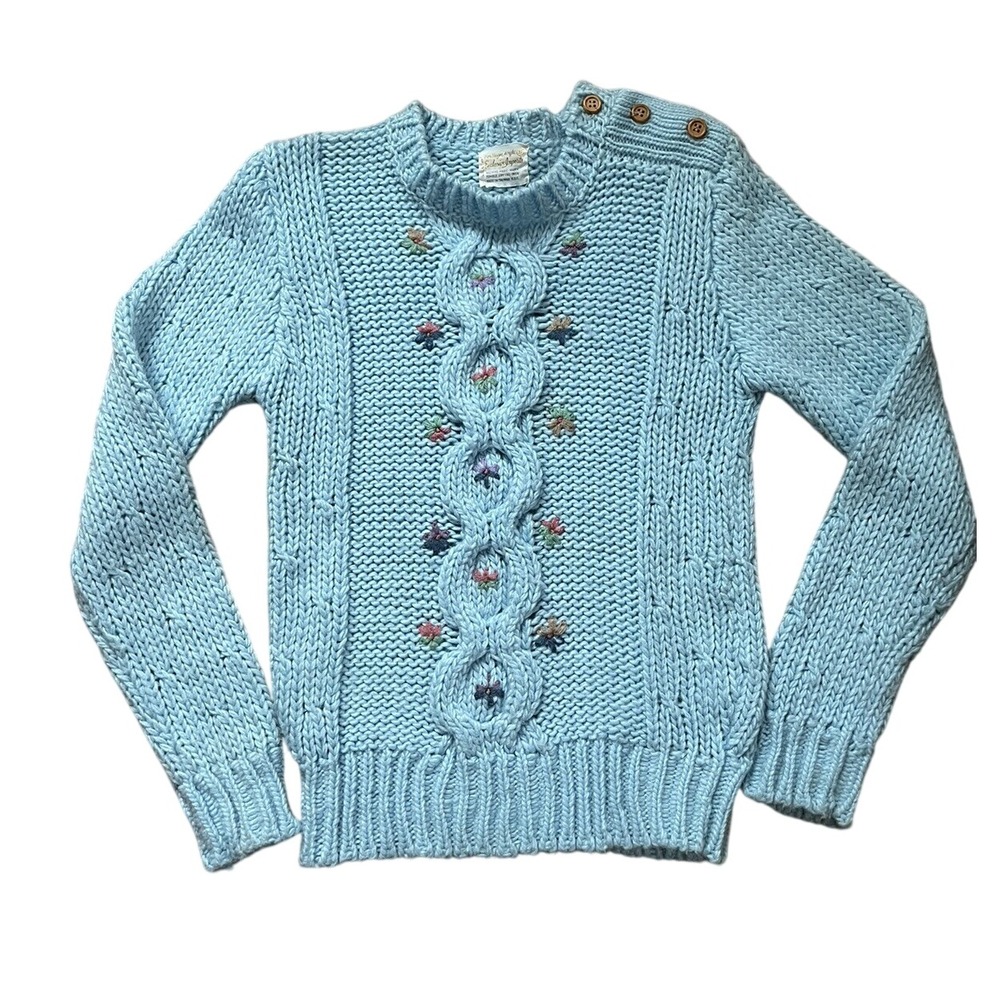 Vintage 70s 80s Hand Knit Blue Floral Sweater Sz SM Cottage Cable Knit Chunky